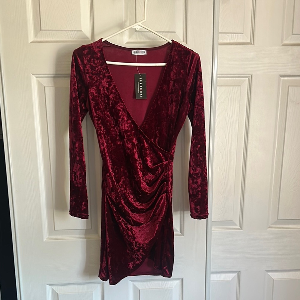 Elegant Velvet Wrap Dress in Rich Red